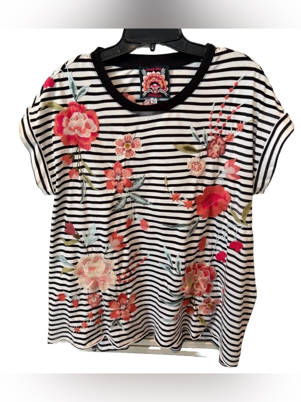Johnny Was Black & White Striped Tee with Floral Embroidery Women’s Size Small